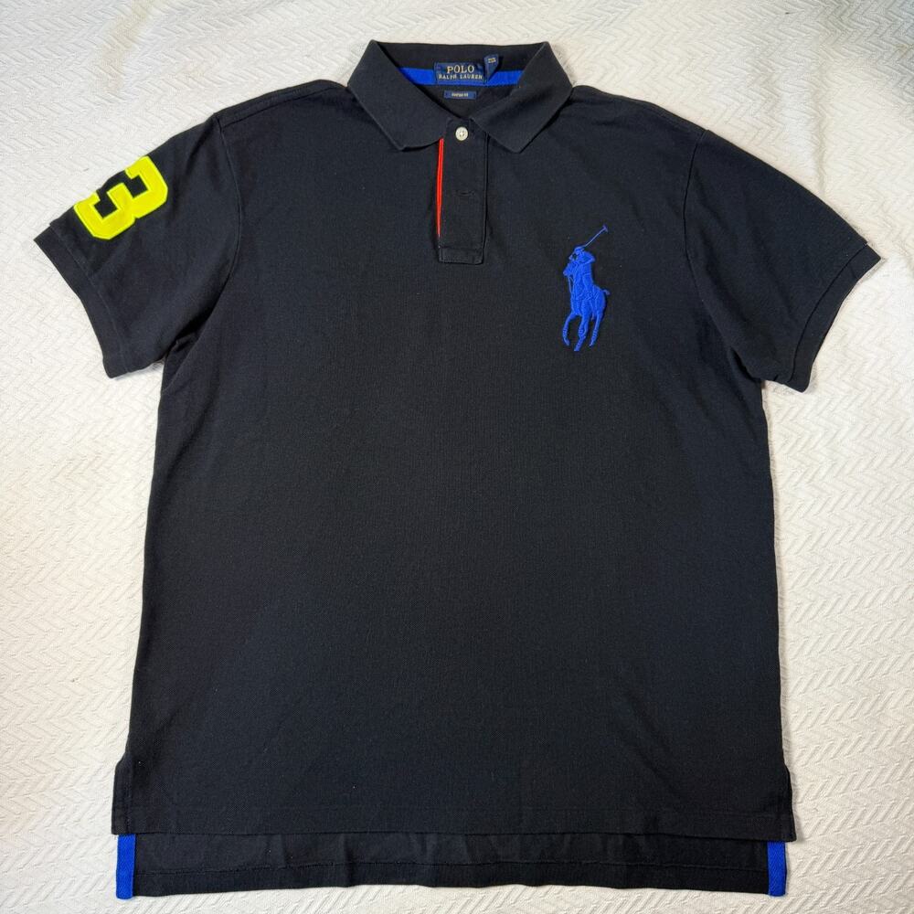 Polo Ralph Lauren Custom Fit Big Pony #3 Black Polo Shirt Mens L Short Sleeve